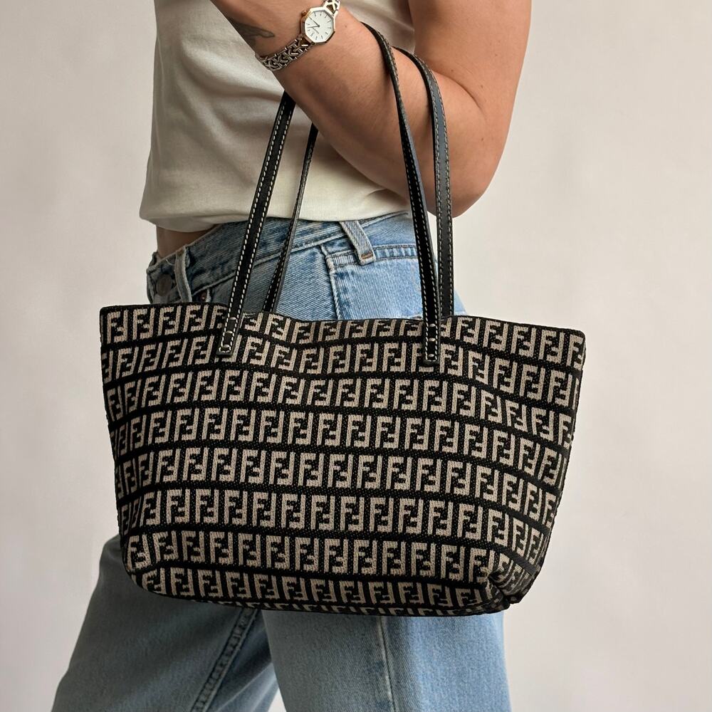 Vintage Fendi Zucchino Roll Tote - Black & Tan Textured Canvas